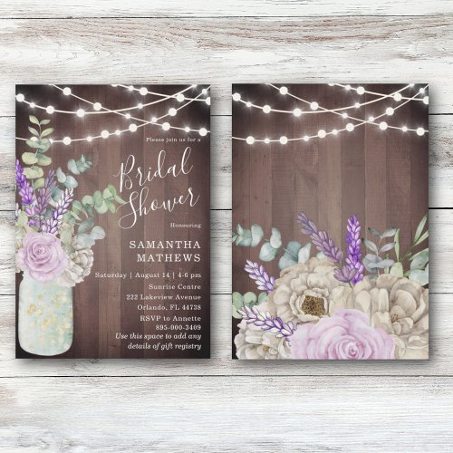 Rustic Wood Mason Jar String Lights Bridal Shower Invitation