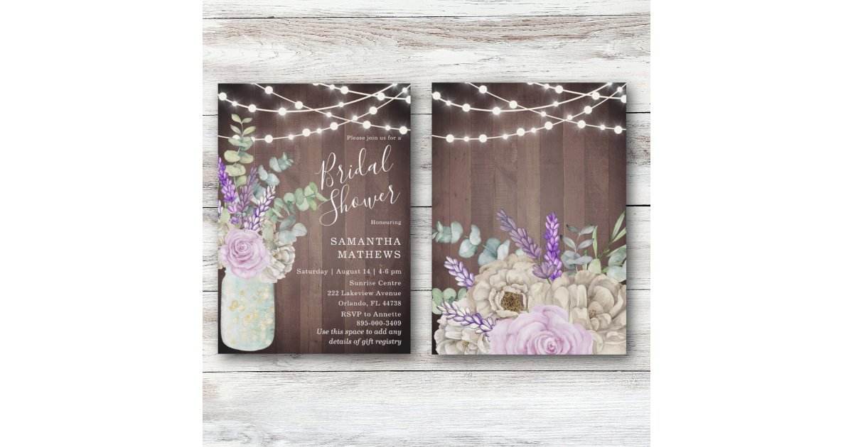 Rustic Wood Mason Jar String Lights Bridal Shower Invitation | Zazzle