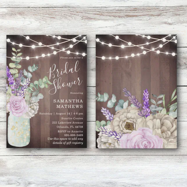 Rustic Wood Mason Jar String Lights Bridal Shower Invitation | Zazzle