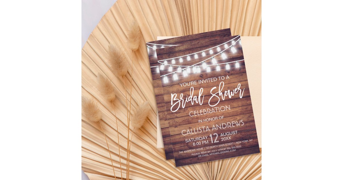 Rustic Wood Mason Jar String Lights Bridal Shower Invitation | Zazzle