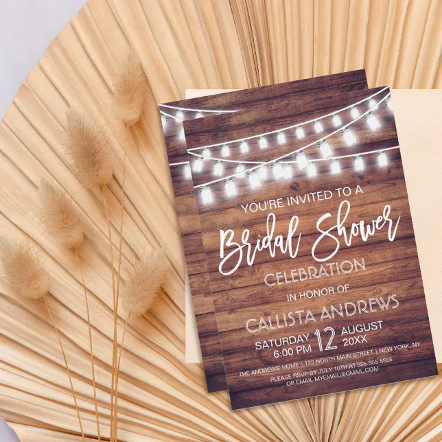 Rustic Wood Mason Jar String Lights Bridal Shower Invitation | Zazzle