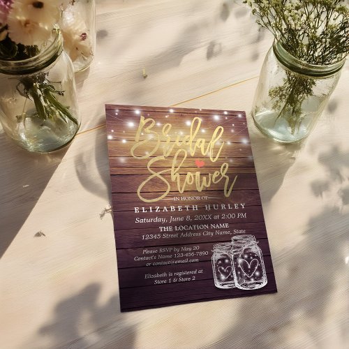 Rustic Wood Mason Jar String Lights Bridal Shower Invitation
