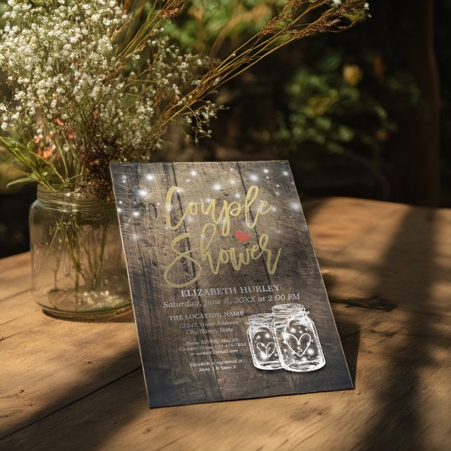 Rustic Wood Mason Jar String Lights Couple Shower Invitation (Creator Uploaded)