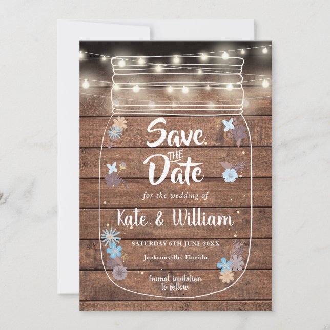 Rustic Wood Mason Jar String Lights Floral Save The Date (Front)