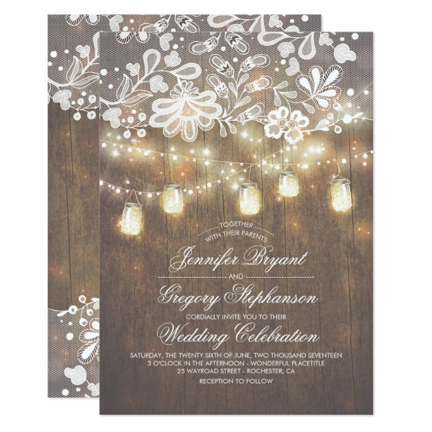 Rustic Wood Mason Jar String Lights Lace Wedding Invitation