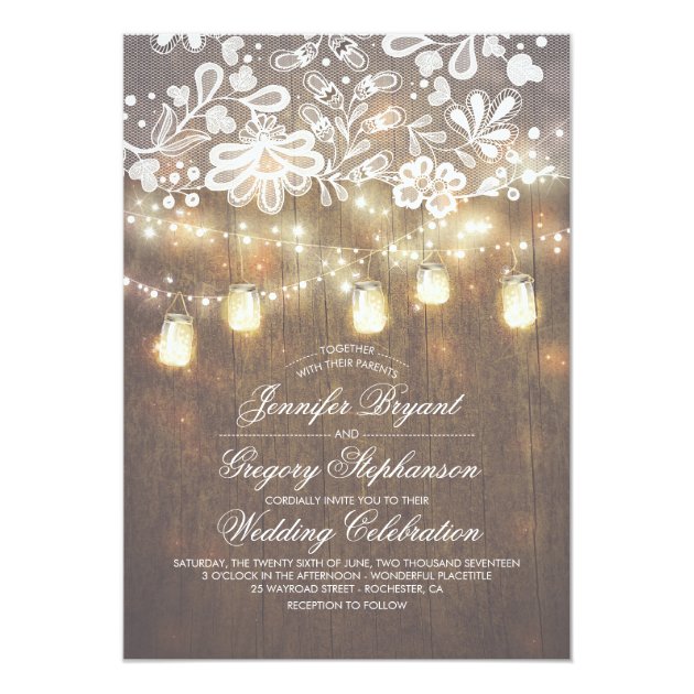 Rustic Wood Mason Jar String Lights Lace Wedding Invitation