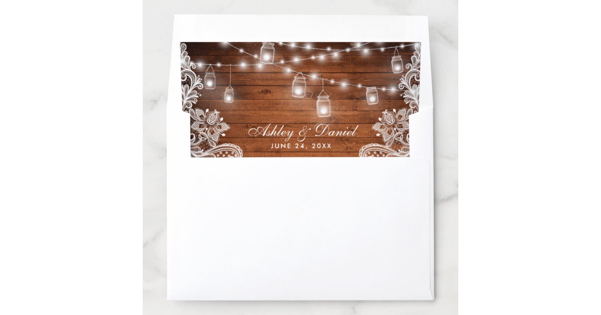 Rustic Wood Mason Jar String Lights Lace Wedding Envelope Liner | Zazzle