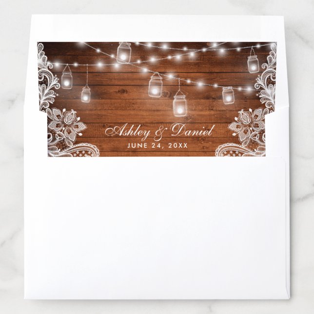 Rustic Wood Mason Jar String Lights Lace Wedding Envelope Liner (In Envelope)