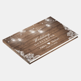 Rustic Wood Mason Jar String Lights Lace Wedding Guest Book