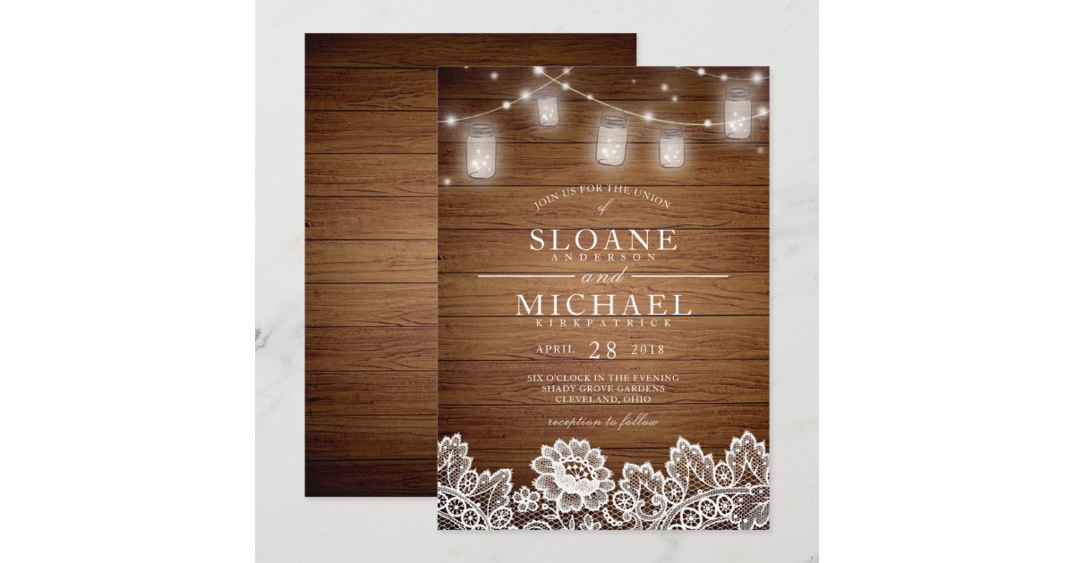 Rustic Wood Mason Jar String Lights Lace Wedding Invitation | Zazzle