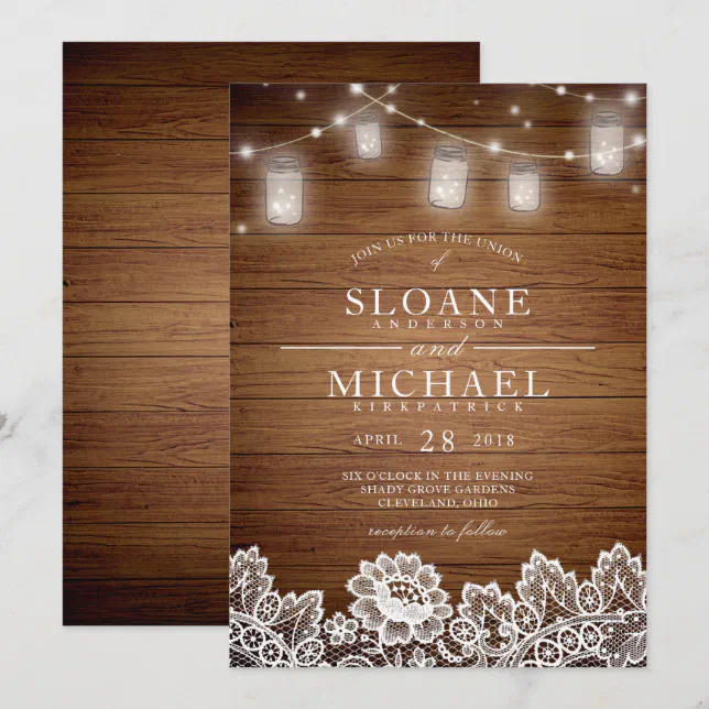 Rustic Wood Mason Jar String Lights Lace Wedding Invitation | Zazzle