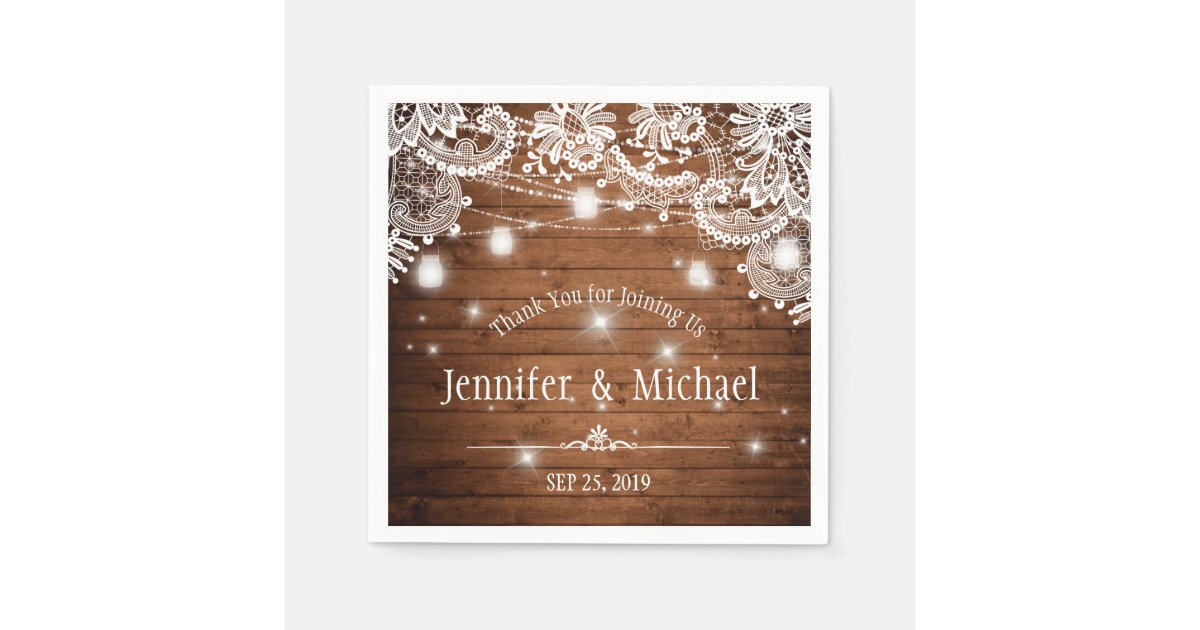Rustic Wood Mason Jar String Lights Lace Wedding Napkins | Zazzle
