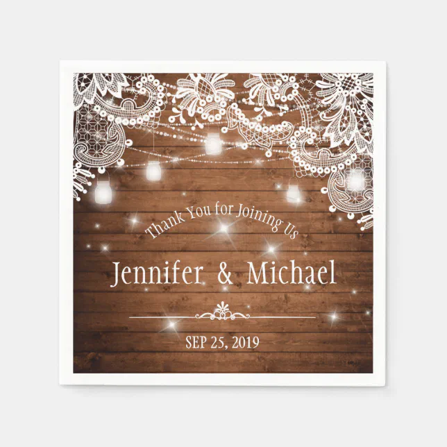 Rustic Wood Mason Jar String Lights Lace Wedding Napkins | Zazzle