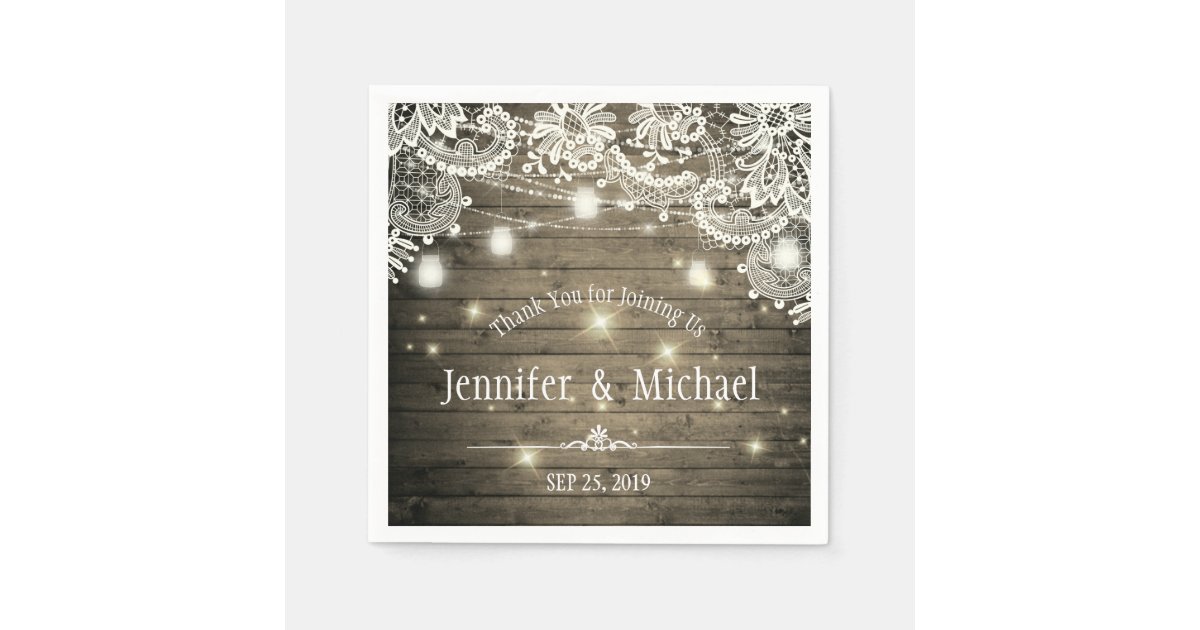 Rustic Wood Mason Jar String Lights Lace Wedding Paper Napkins | Zazzle
