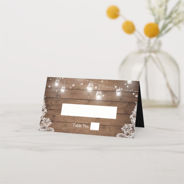 Rustic Wood Mason Jar String Lights Lace Wedding Place Card (Front)