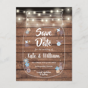 Rustic Wood Mason Jar String Lights Save The Date Announcement Postcard