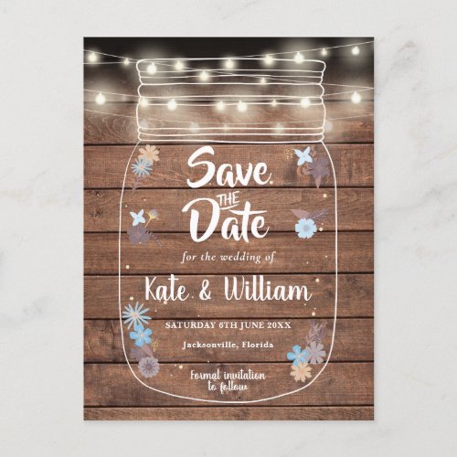 Rustic Wood Mason Jar String Lights Save The Date Announcement Postcard