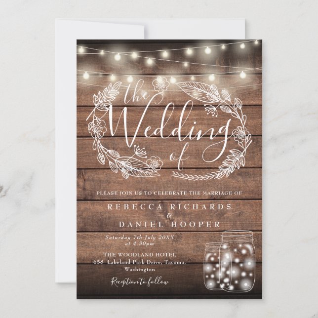 Rustic Wood Mason Jar String Lights Script Wedding Invitation (Front)