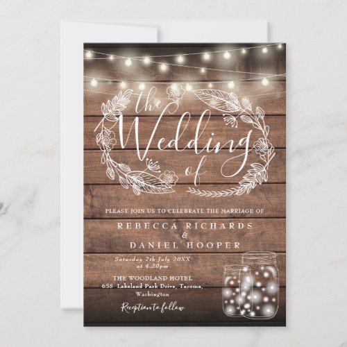 Rustic Wood Mason Jar String Lights Script Wedding Invitation