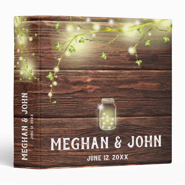 Rustic Wood Mason Jar String Lights Wedding Album 3 Ring Binder (Front/Spine)