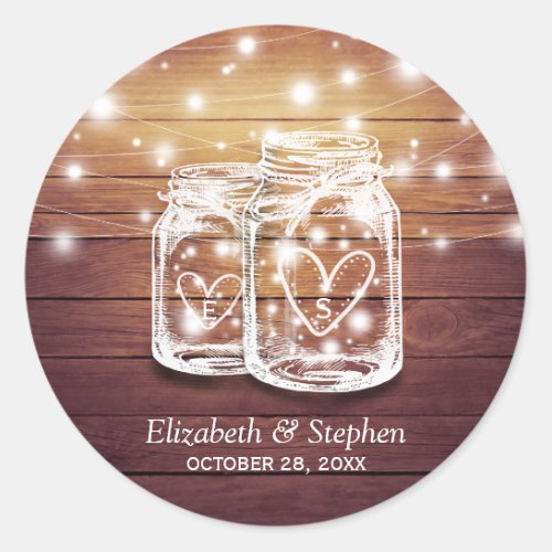 Rustic Wood Mason Jar String Lights Wedding Favor Classic Round Sticker