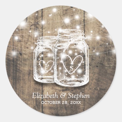 Rustic Wood Mason Jar String Lights Wedding Favor Classic Round Sticker