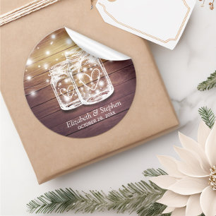Rustic Wood Mason Jar String Lights Wedding Favor Classic Round Sticker