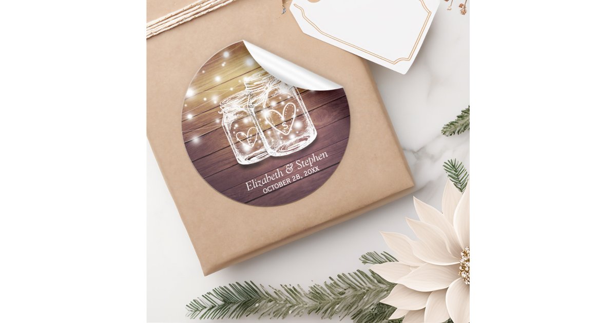 Rustic Wood Mason Jar String Lights Wedding Favor Classic Round Sticker ...