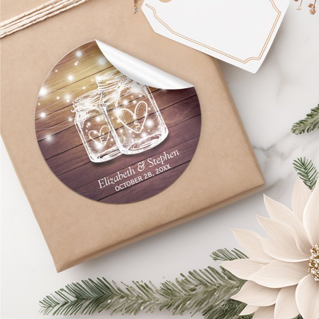 Rustic Wood Mason Jar String Lights Wedding Favor Classic Round Sticker (Creator Uploaded)