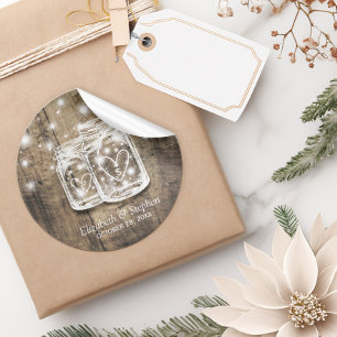 Rustic Wood Mason Jar String Lights Wedding Favor Classic Round Sticker