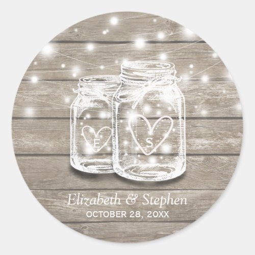 Rustic Wood Mason Jar String Lights Wedding Favor Classic Round Sticker