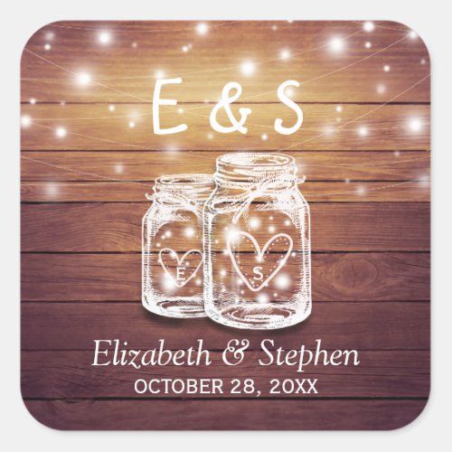 Rustic Wood Mason Jar String Lights Wedding Favor Square Sticker