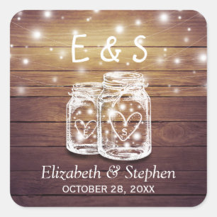 Rustic Wood Mason Jar String Lights Wedding Favor Square Sticker