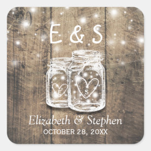 Rustic Wood Mason Jar String Lights Wedding Favor Square Sticker