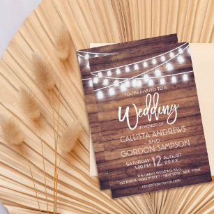 Rustic Wood Mason Jar String Lights Wedding Invitation