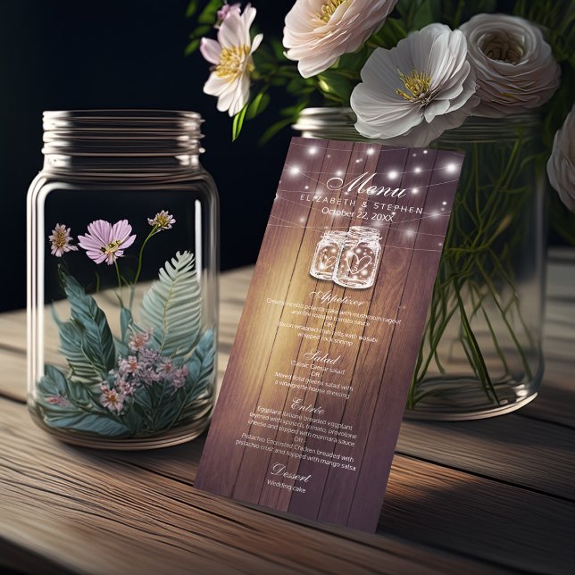 Rustic Wood & Mason Jar String Lights Wedding Menu (Creator Uploaded)