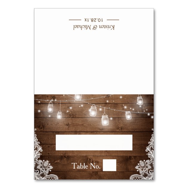 Rustic Wood Mason Jar String Lights Wedding Place Card