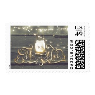 Rustic Wood Mason Jar String Lights Wedding Postage Stamps at UniqueRusticWeddingInvitations.com