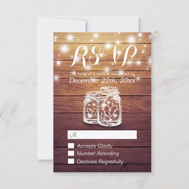 Rustic Wood & Mason Jar String Lights Wedding RSVP (Front)