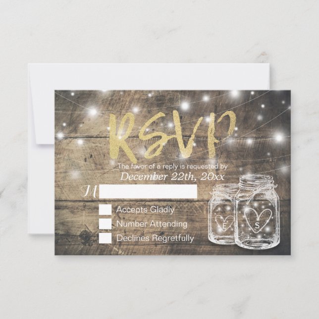 Rustic Wood & Mason Jar String Lights Wedding RSVP (Front)