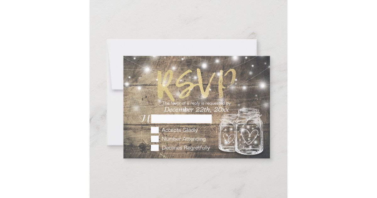 Rustic Wood & Mason Jar String Lights Wedding RSVP | Zazzle