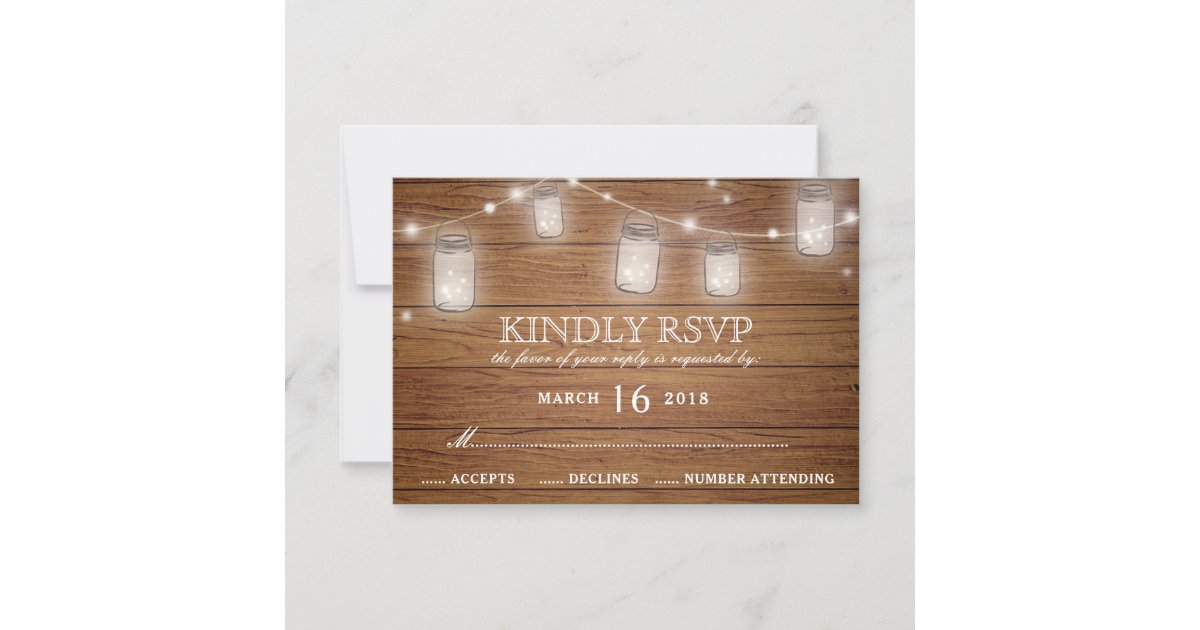 Rustic Wood Mason Jar String Lights Wedding RSVP | Zazzle