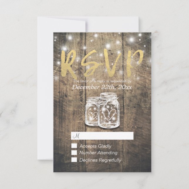 Rustic Wood & Mason Jar String Lights Wedding RSVP (Front)