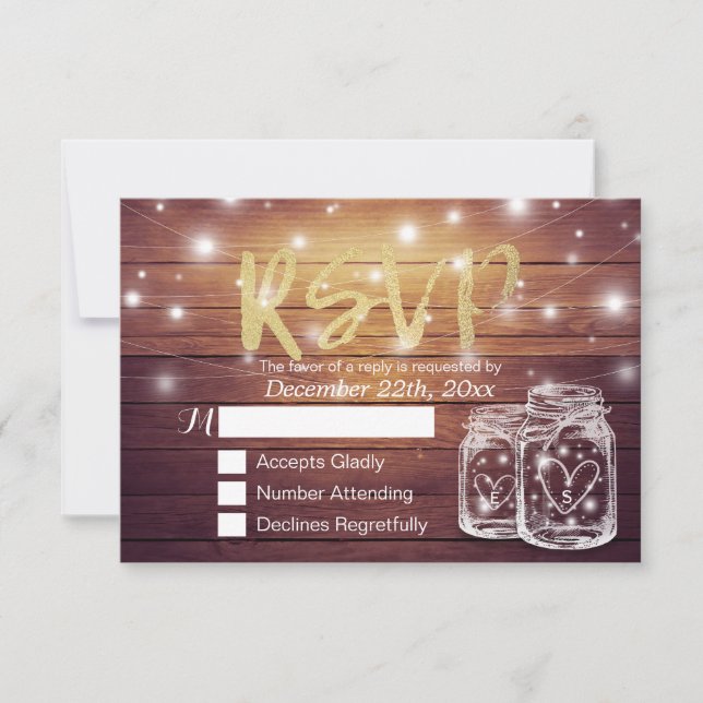 Rustic Wood & Mason Jar String Lights Wedding RSVP (Front)