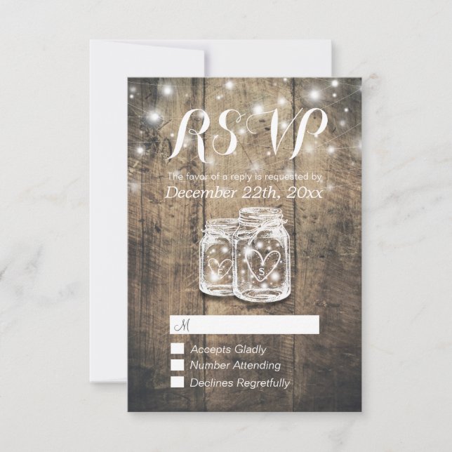 Rustic Wood & Mason Jar String Lights Wedding RSVP (Front)