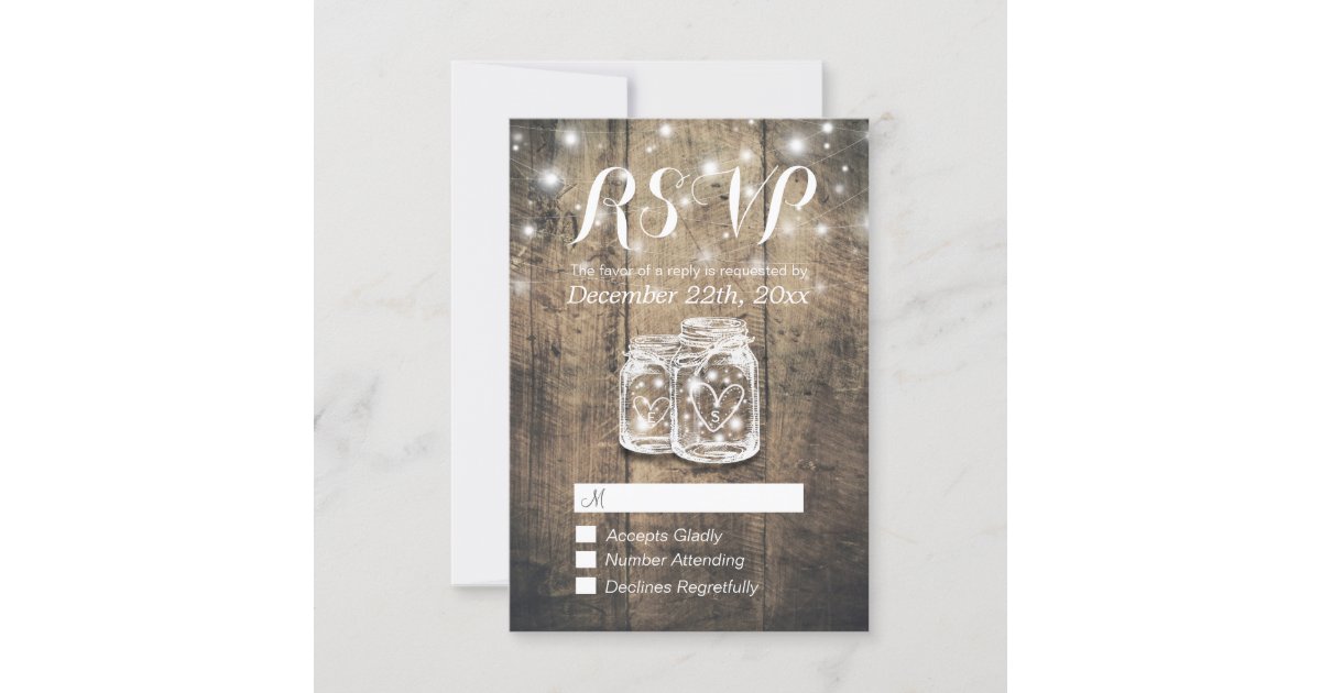 Rustic Wood & Mason Jar String Lights Wedding RSVP | Zazzle