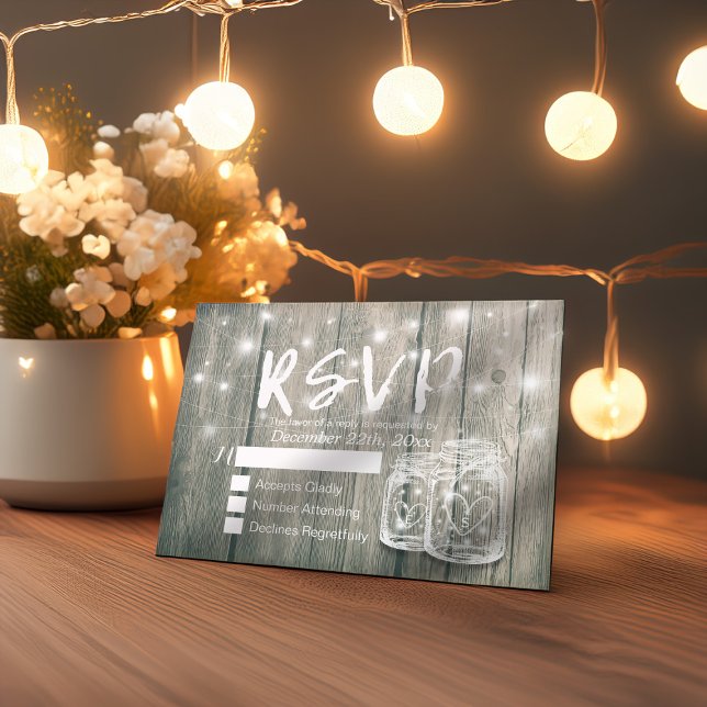 Rustic Wood & Mason Jar String Lights Wedding RSVP Card (Creator Uploaded)