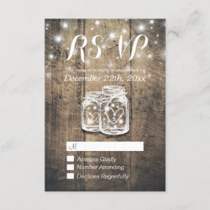 Rustic Wood & Mason Jar String Lights Wedding RSVP Card