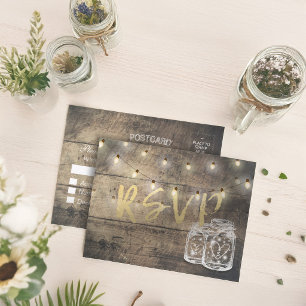 Rustic Wood & Mason Jar String Lights Wedding RSVP Invitation Postcard