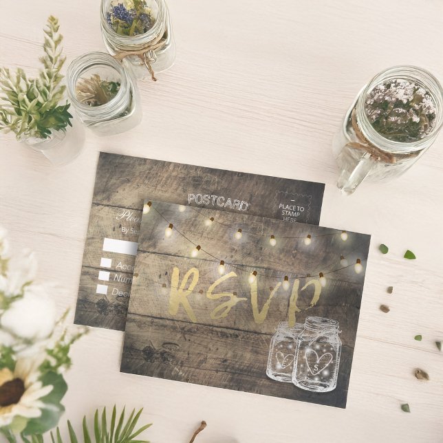 Rustic Wood & Mason Jar String Lights Wedding RSVP Invitation Postcard (Creator Uploaded)